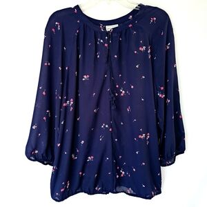 Liz Claiborne Peasant Style Blouse – Size XL – Navy Floral, Tassel Ties